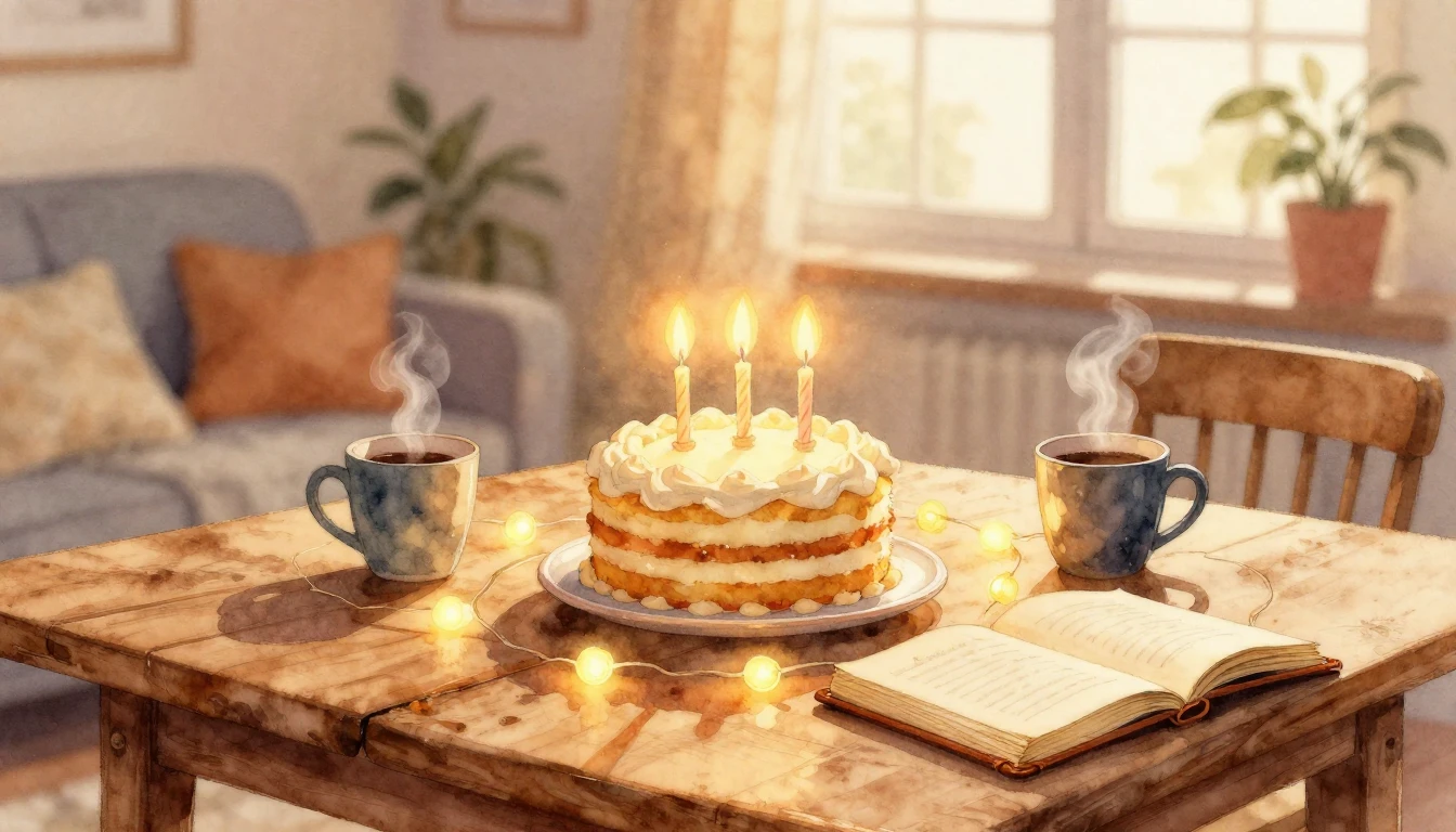 A warm and cozy watercolor painting depicting a celebratory ...