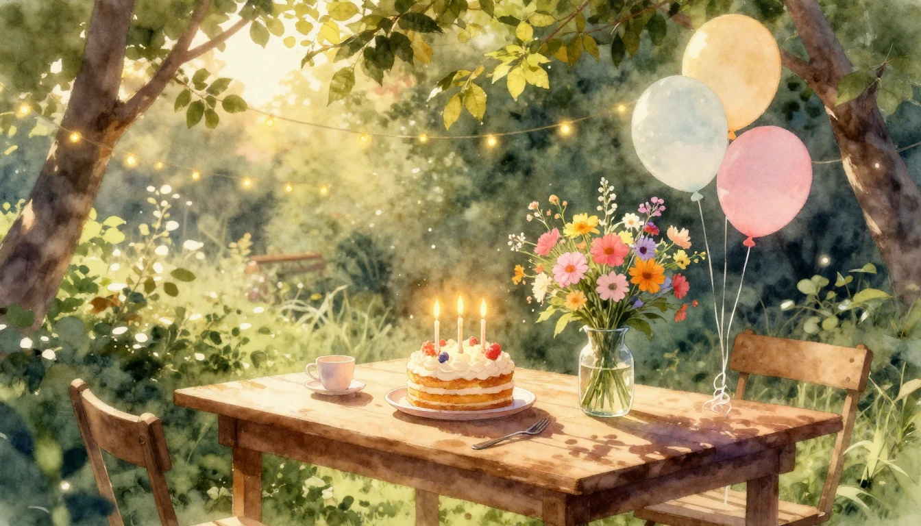 A soft watercolor painting of a cozy wooden table set outdoo...