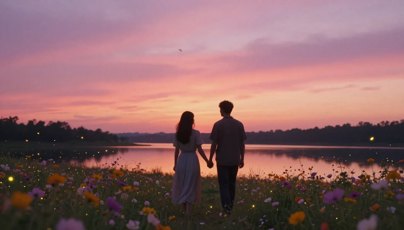 A dreamy and romantic scene featuring two silhouetted figure...