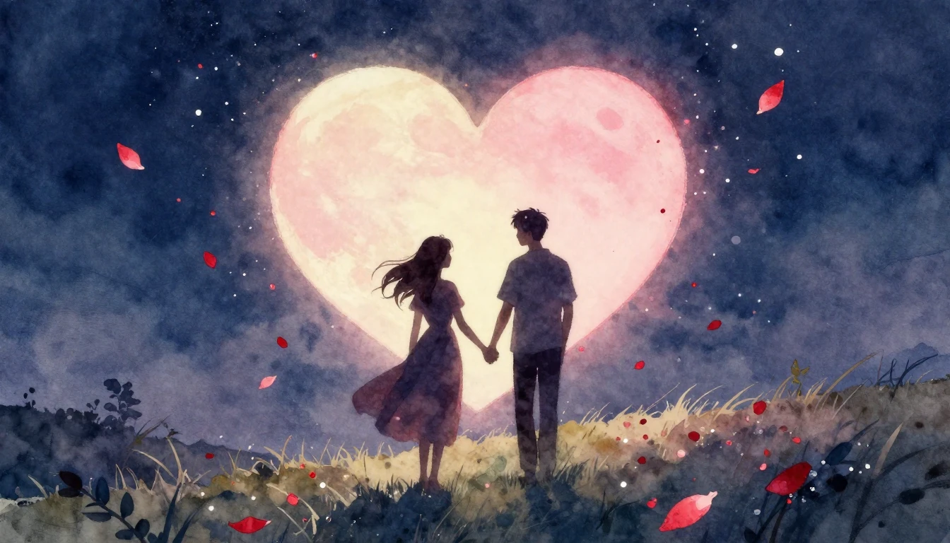 A romantic and dreamy watercolor painting depicting two silh...