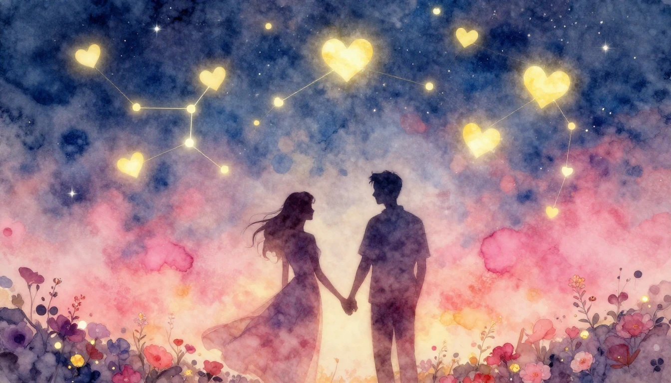 A soft and romantic watercolor painting depicting two silhou...