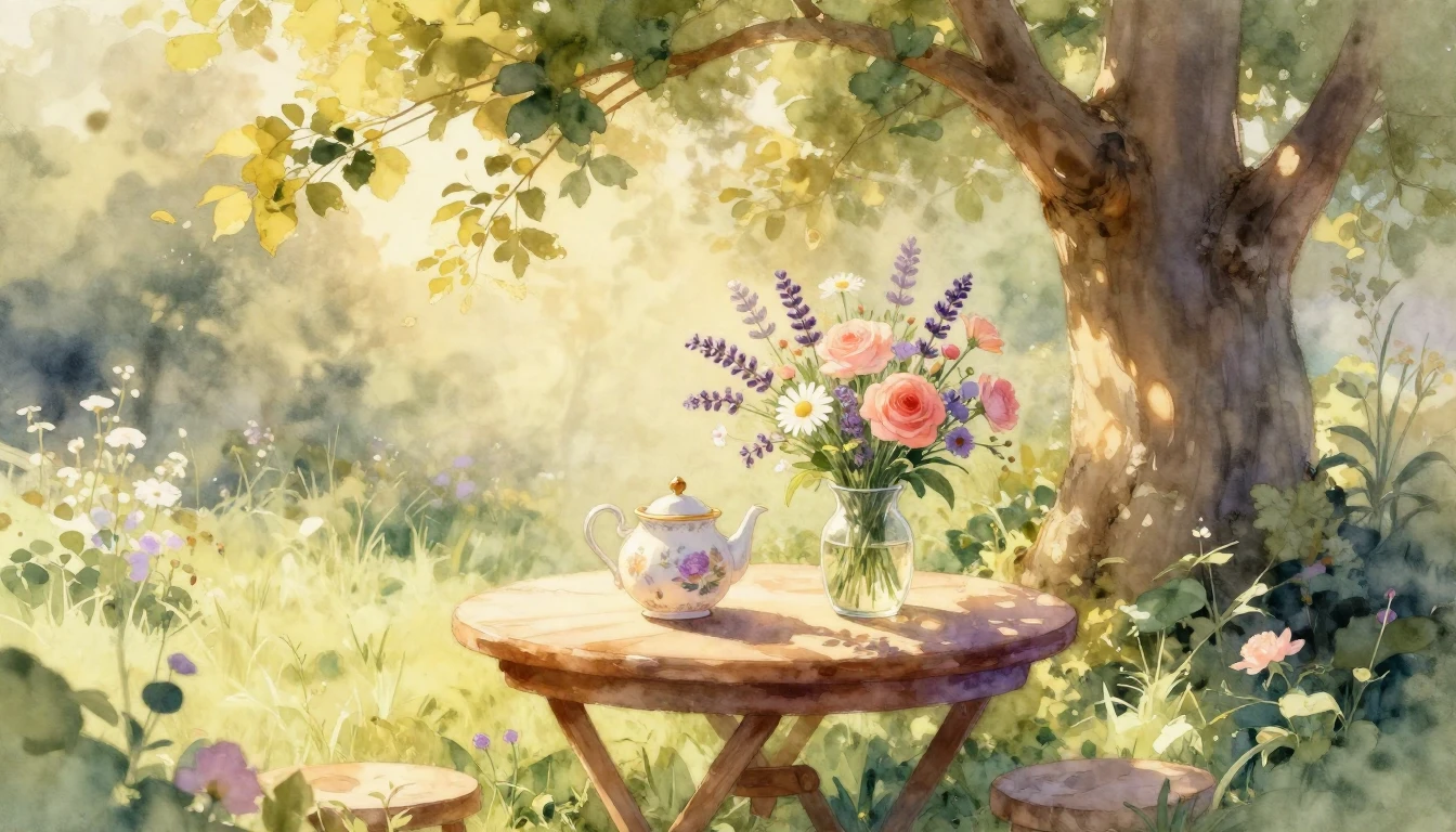 A cozy, sun-drenched garden scene during golden hour in a so...