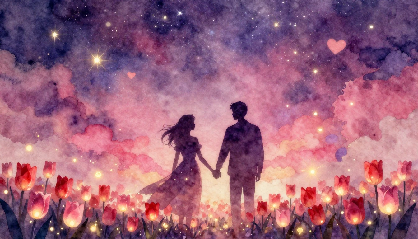 A dreamy watercolor illustration depicting two silhouettes h...