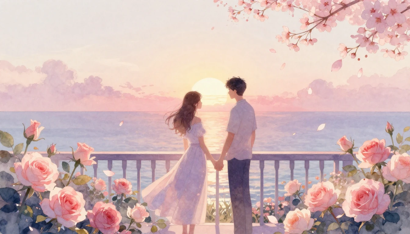 A dreamy and romantic scene of a couple standing on a flower...