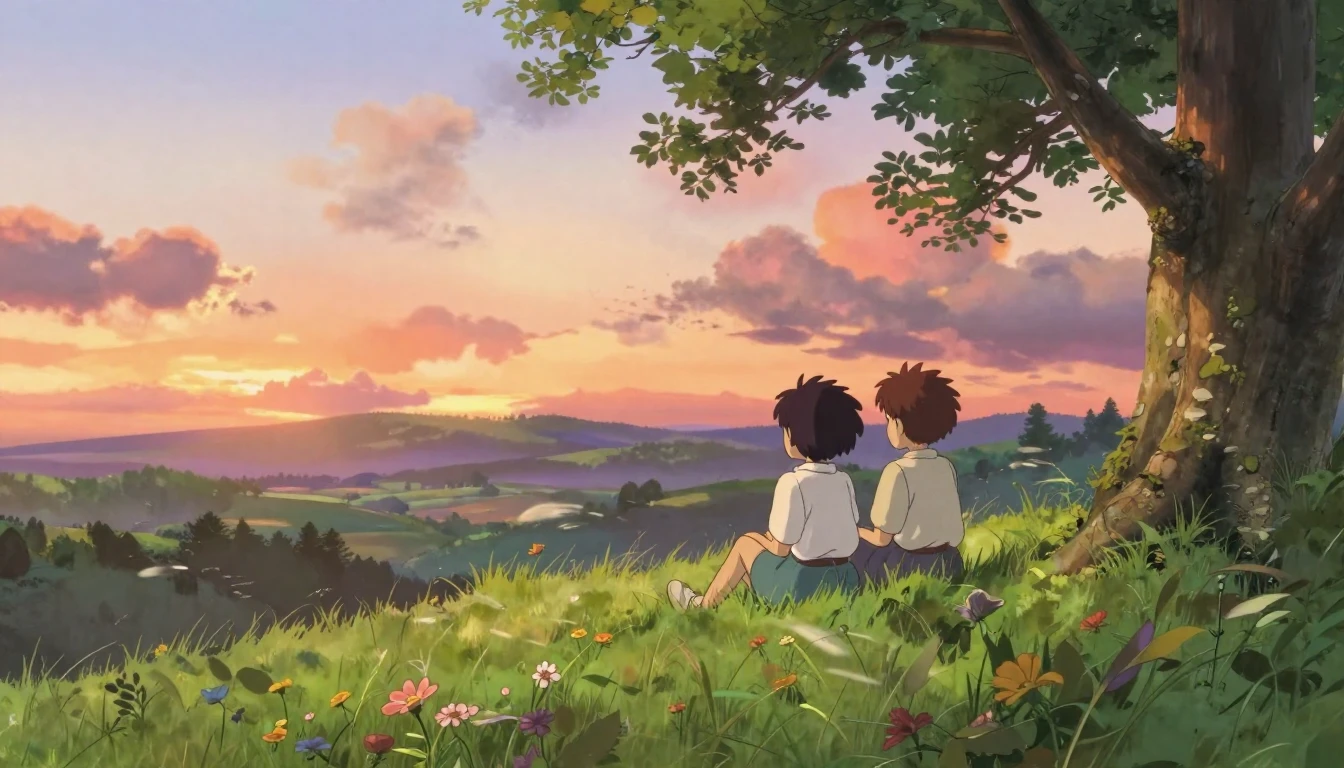 A heartwarming and serene scene in the style of Studio Ghibl...