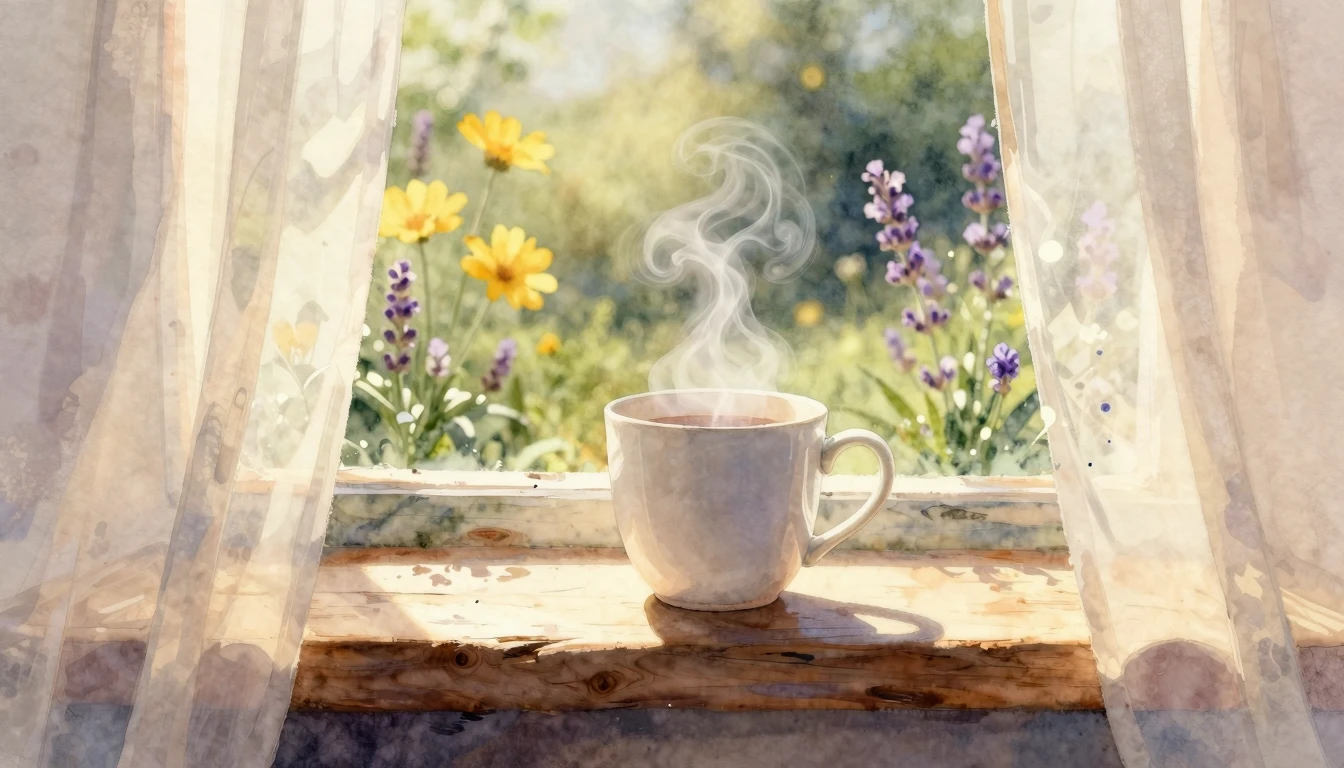 A serene and cozy morning scene captured in soft watercolor....