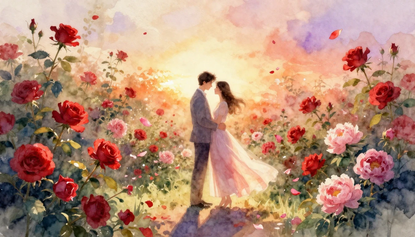 A dreamy and romantic watercolor painting of a couple standi...