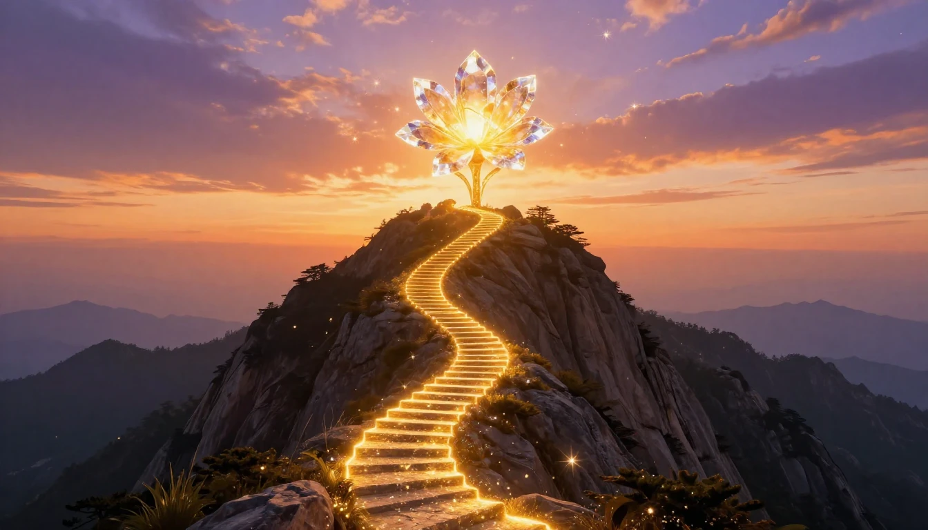 A majestic mountain peak bathed in the warm, golden light of...