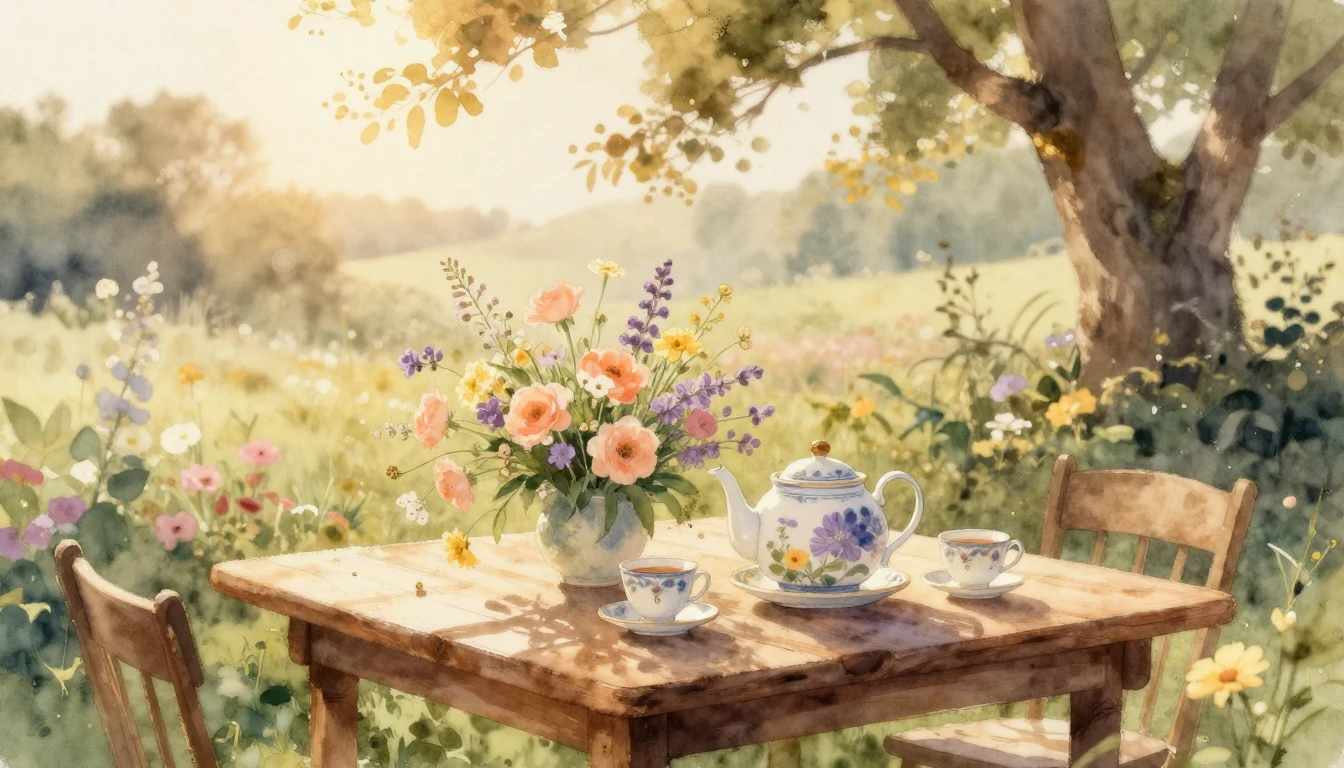 A serene and warm watercolor painting depicting a cozy outdo...