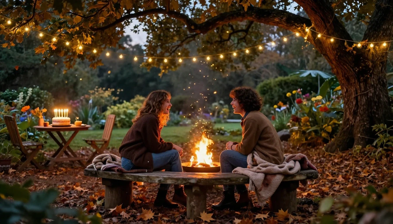 A warm and cozy outdoor scene at dusk in a lush, magical gar...