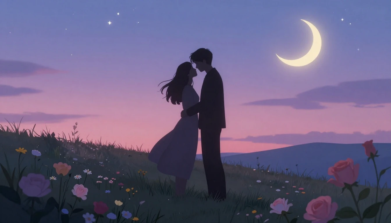 A romantic and dreamy illustration featuring a silhouette of...