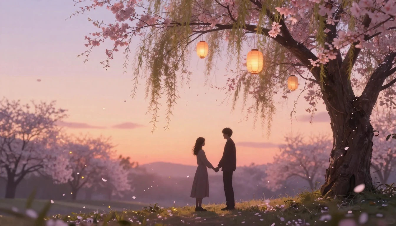 A romantic and ethereal scene in a blooming garden at sunset...