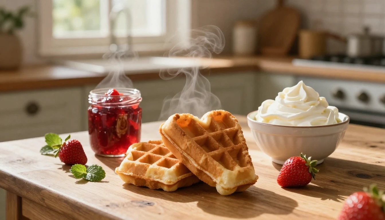 A cozy, sun-drenched wooden kitchen table featuring a stack ...