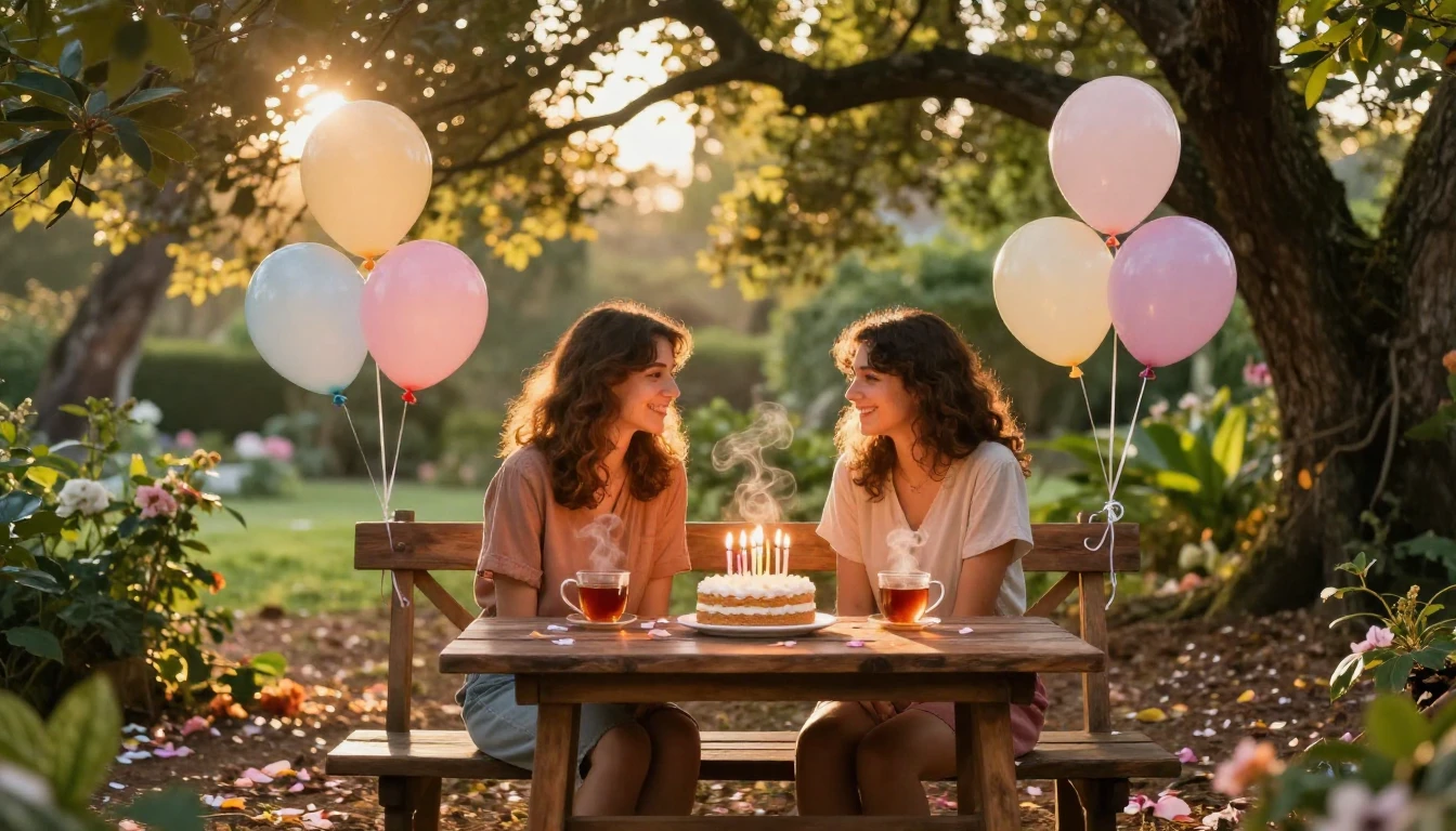 A warm and cozy celebratory scene featuring two friends sitt...