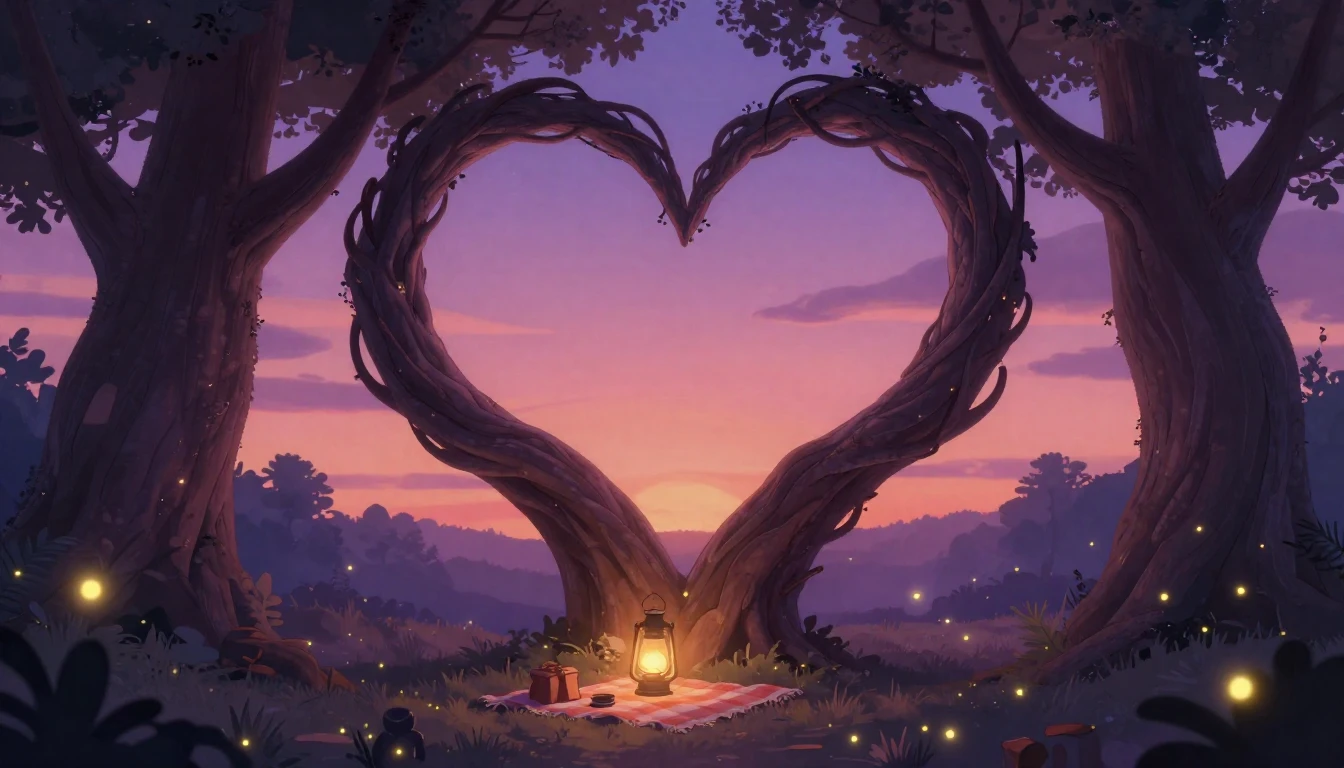 A romantic and dreamy illustration featuring two intertwined...