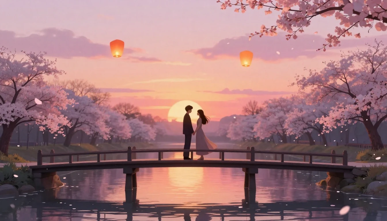 A romantic and ethereal scene featuring two stylized silhoue...