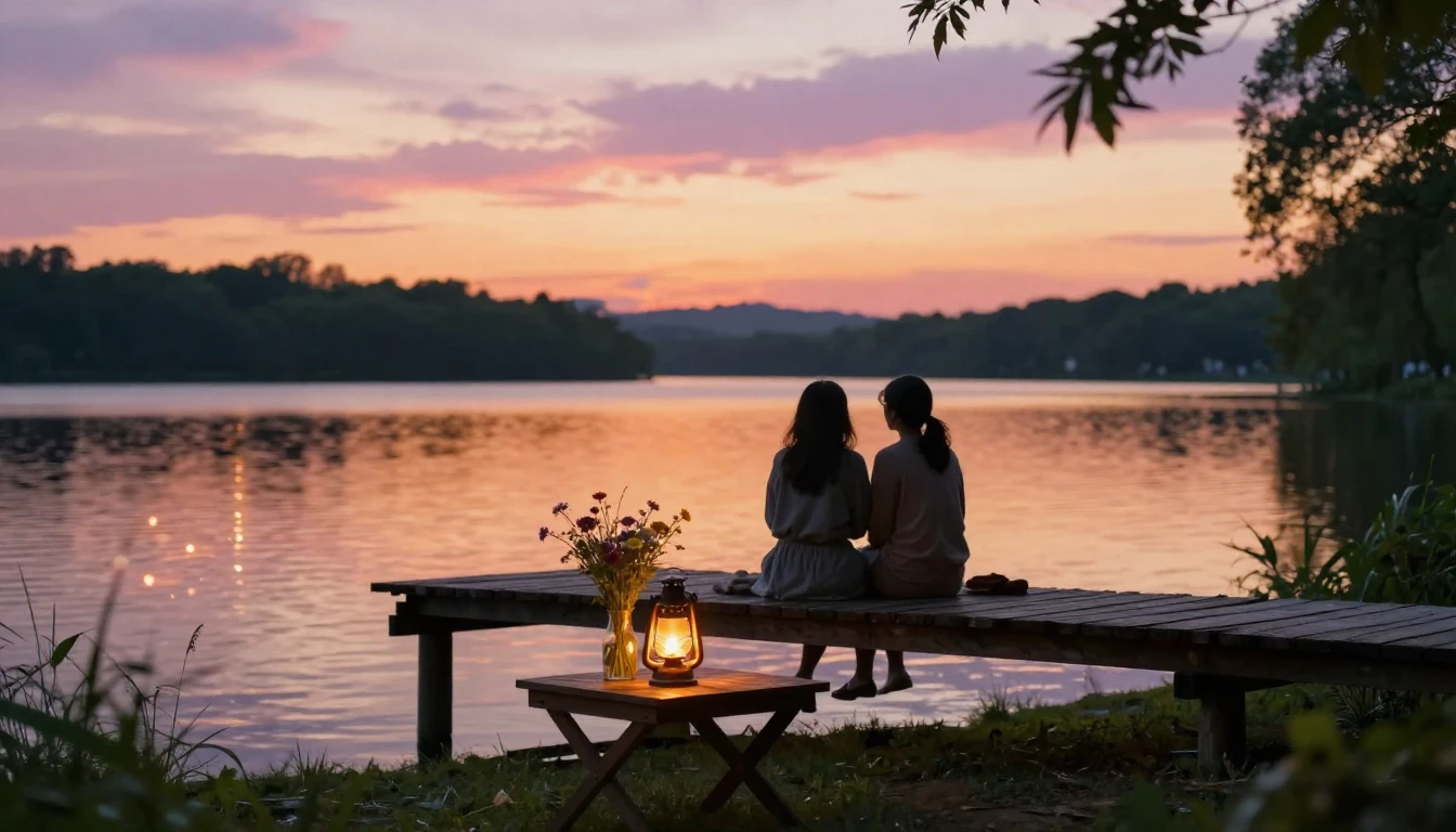 A warm and cozy outdoor scene at golden hour during sunset. ...
