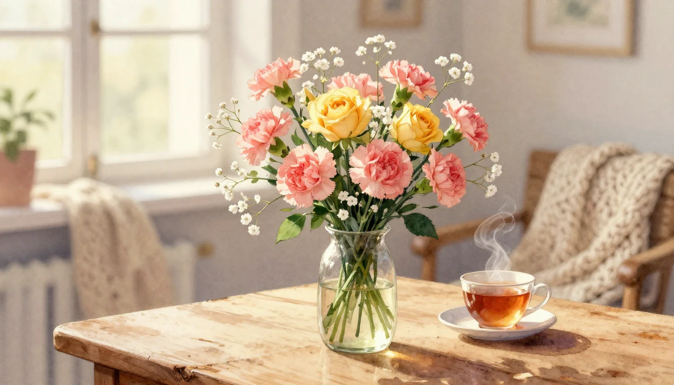 A soft and warm watercolor painting of a beautiful bouquet o...