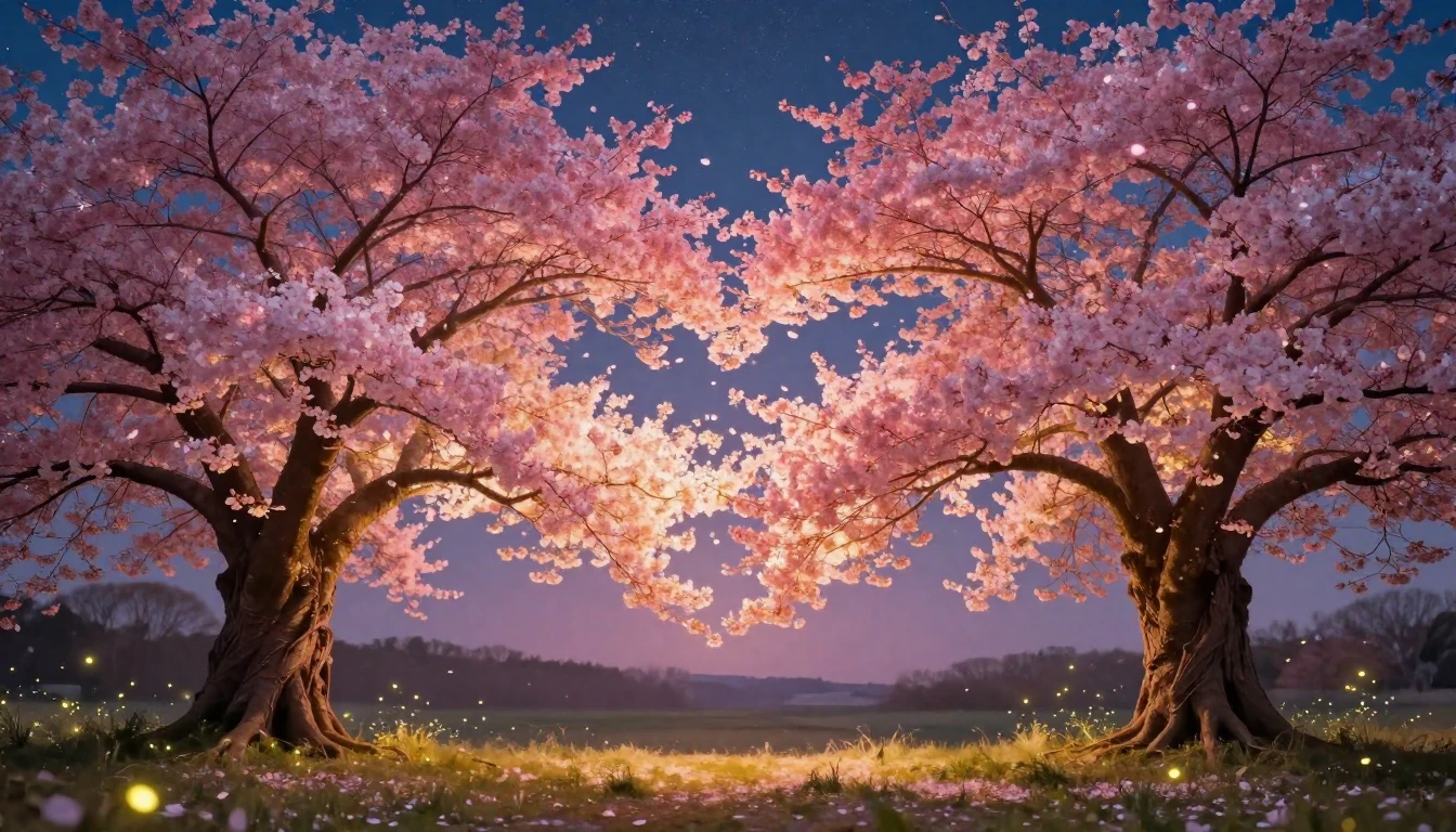 A romantic and whimsical scene featuring two large cherry bl...