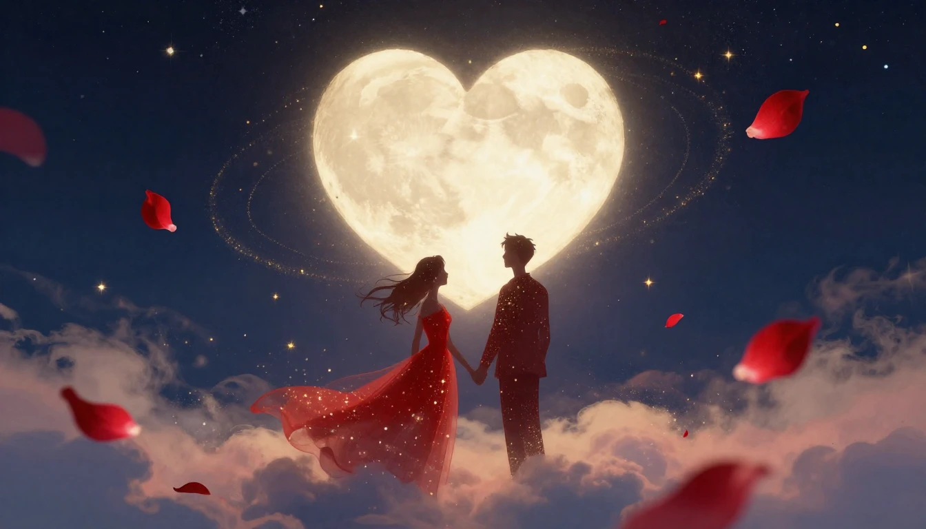 A romantic and dreamy composition featuring two abstract sil...