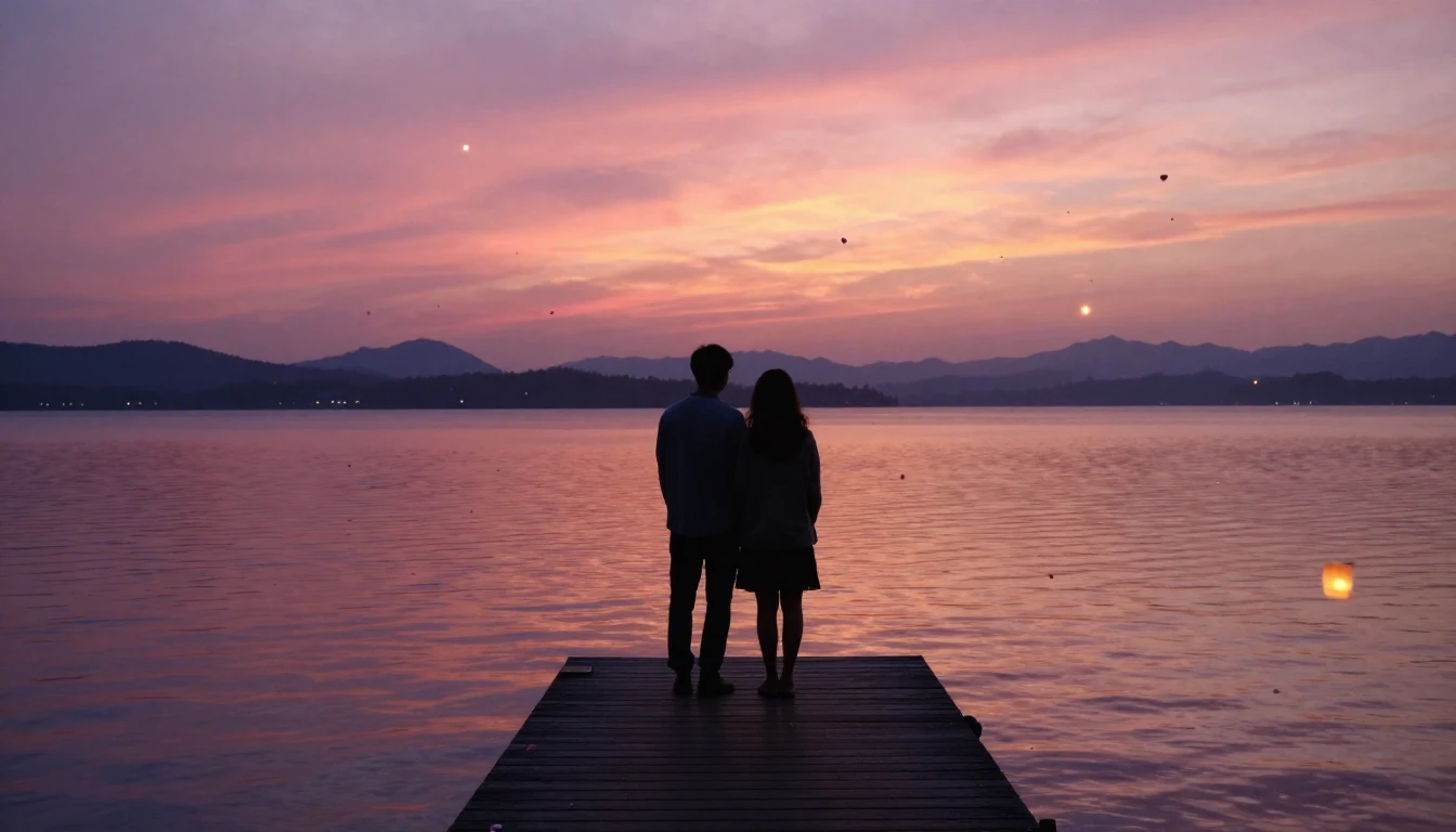 A dreamlike and romantic scene of two soft silhouettes stand...