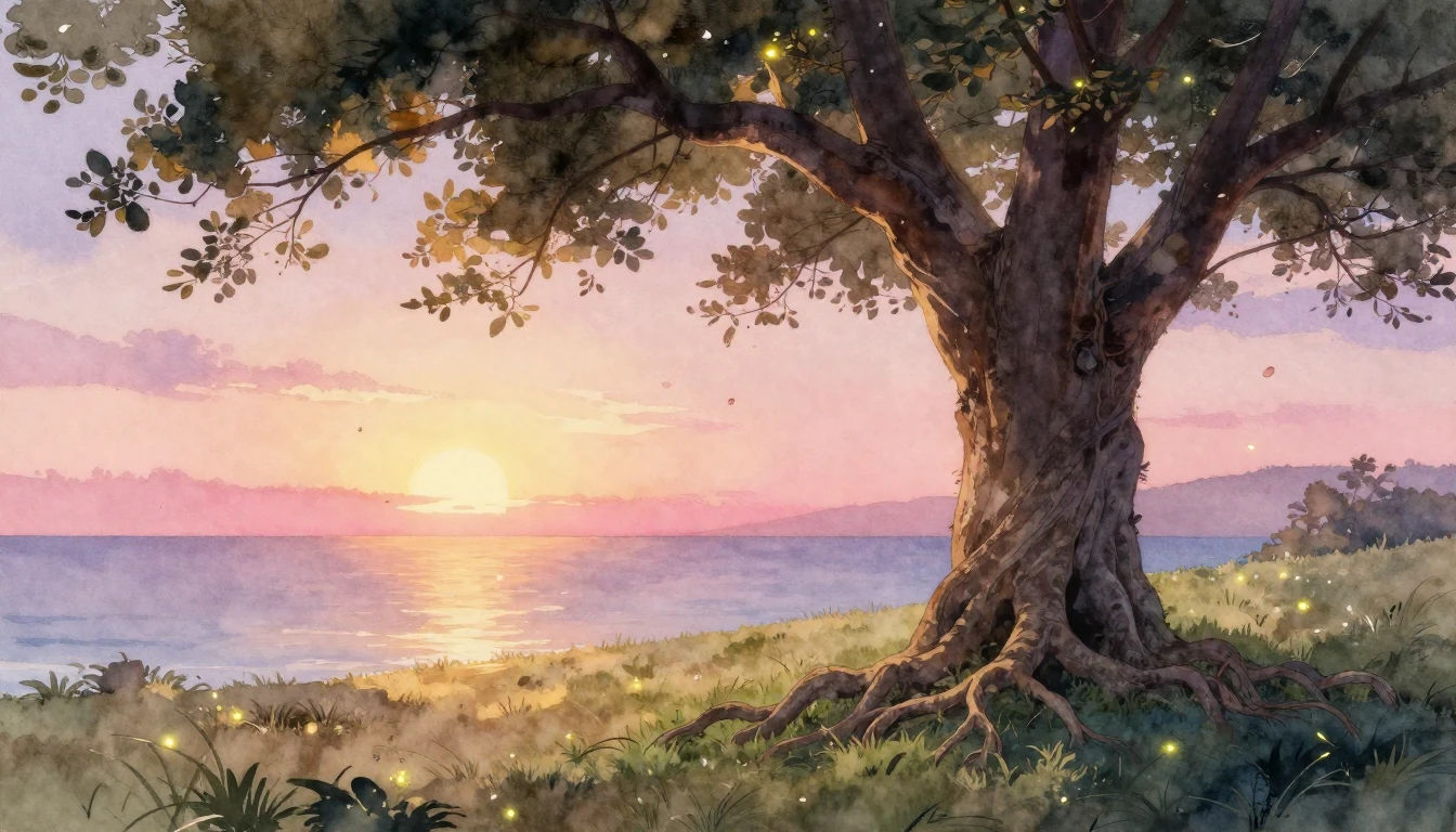 A breathtaking watercolor painting of two ancient trees stan...