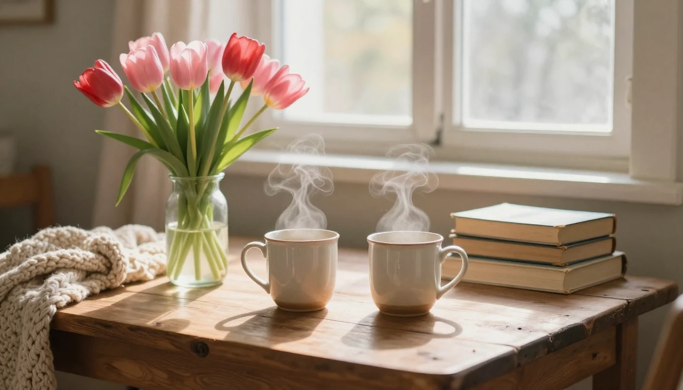 A cozy and heartwarming scene inside a sunlit room. Two stea...