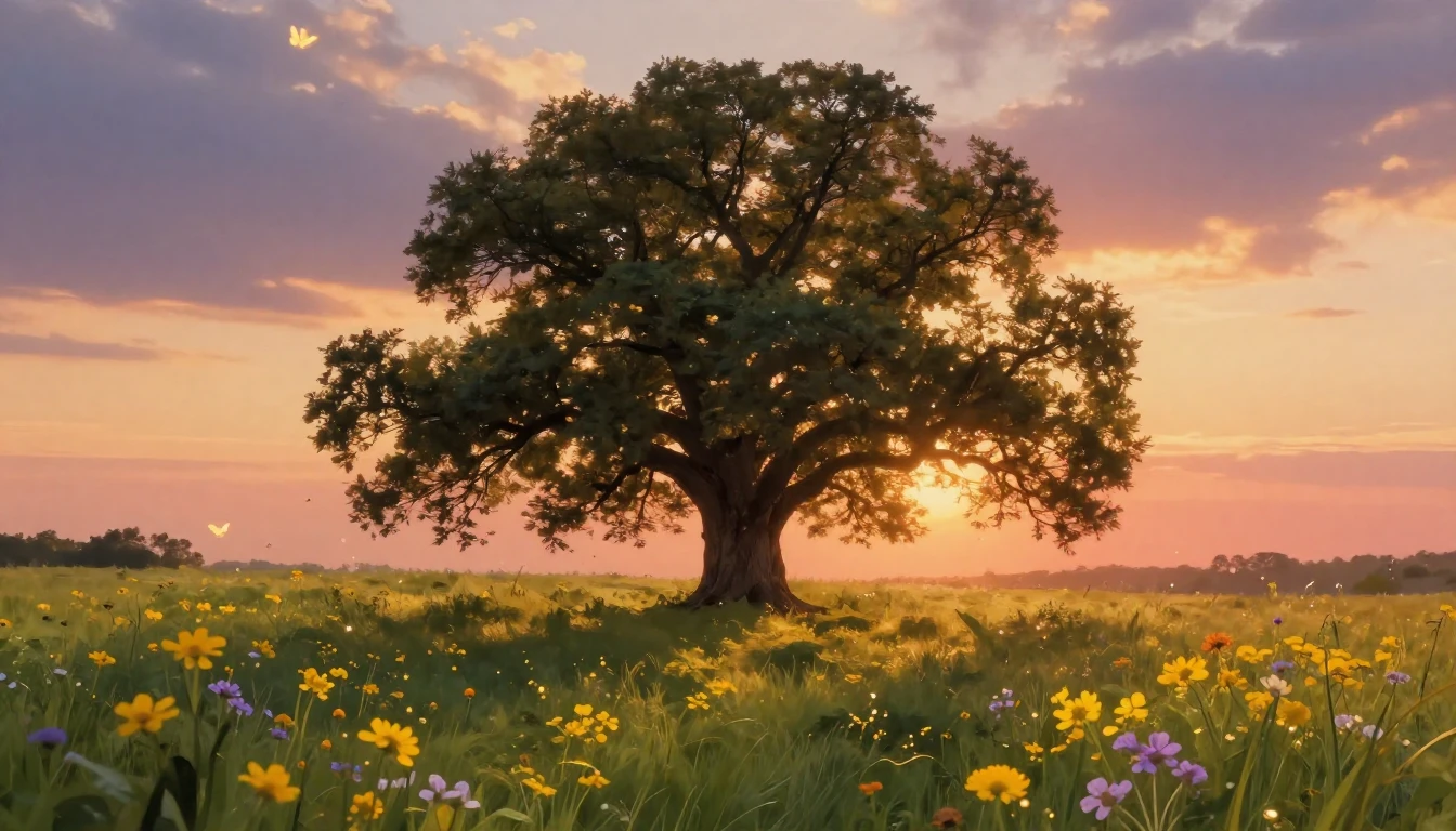 A warm and heartwarming scene in a lush green meadow during ...