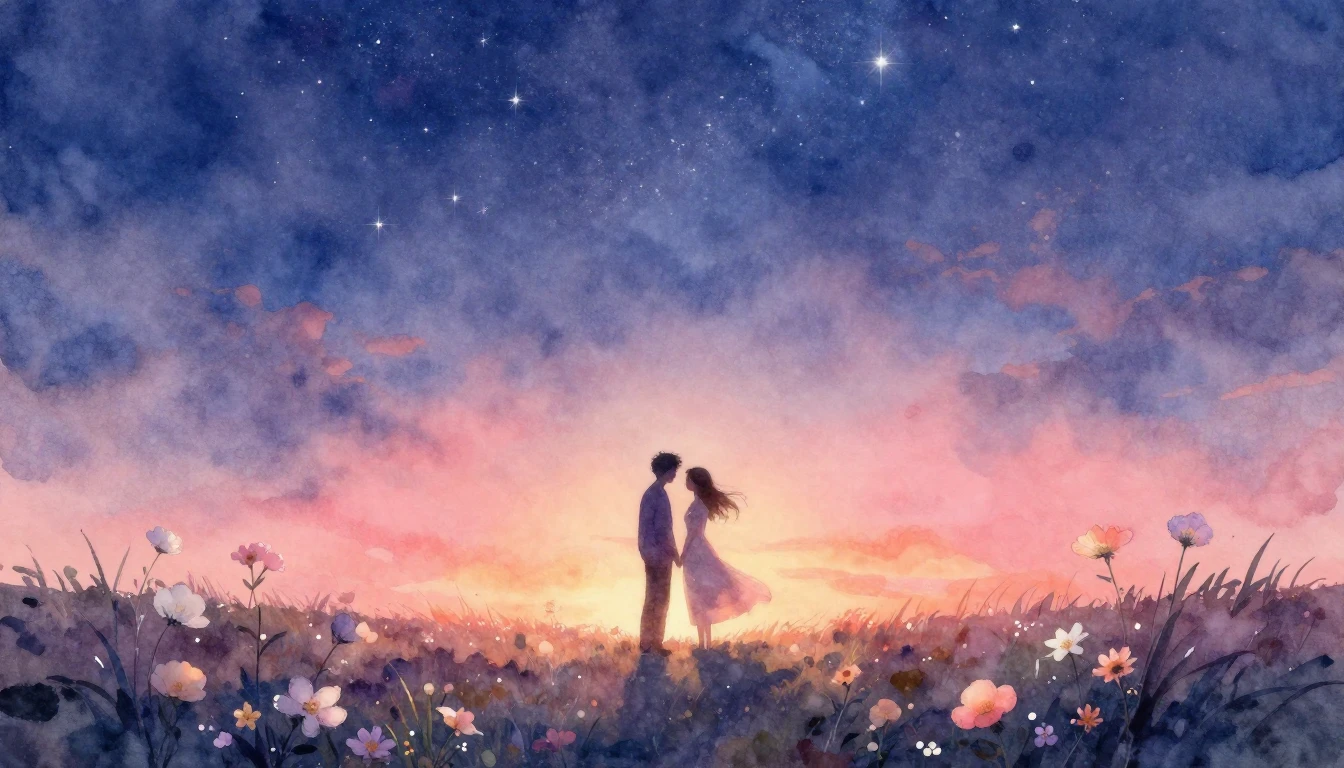 A romantic and dreamlike watercolor painting depicting two s...