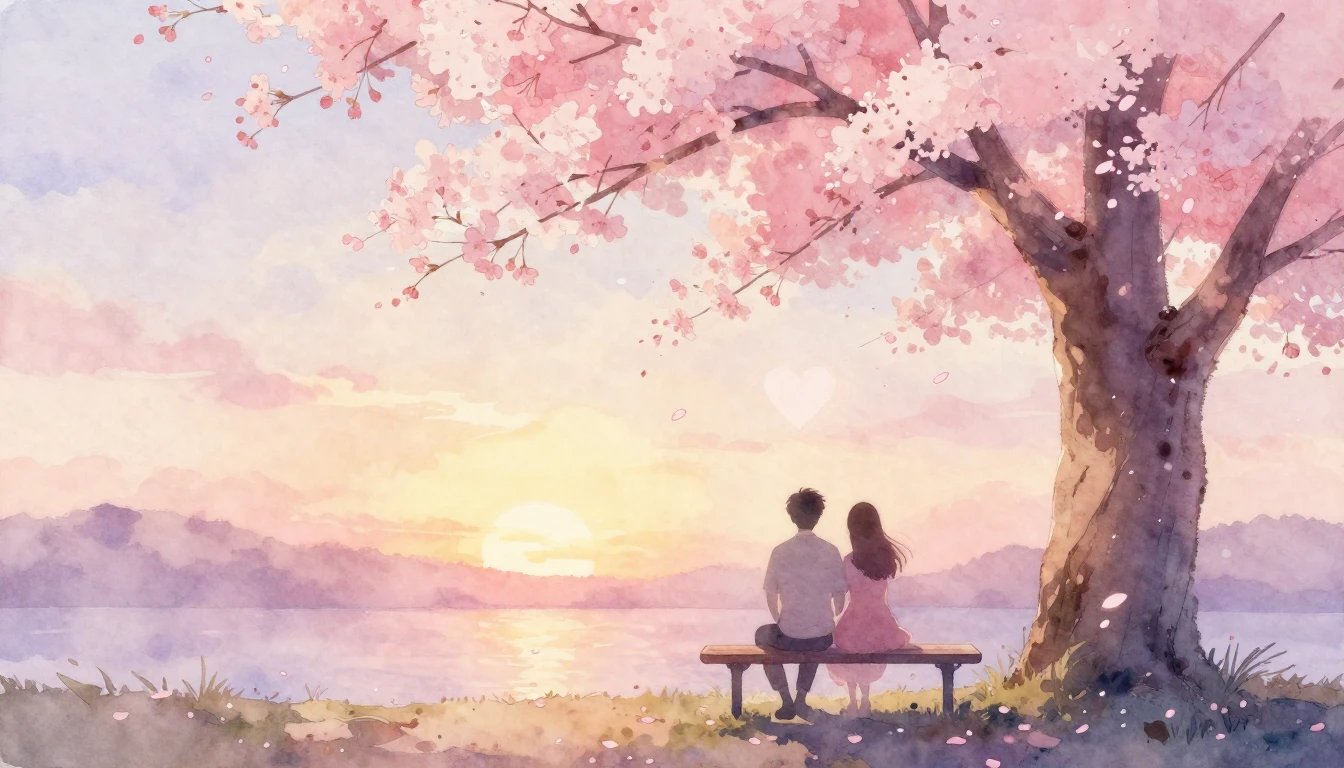 A soft and dreamy watercolor painting depicting a romantic s...