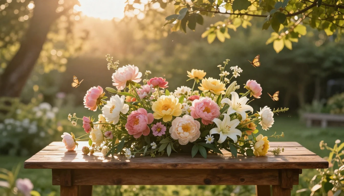 A beautiful and serene scene of a sun-drenched outdoor garde...