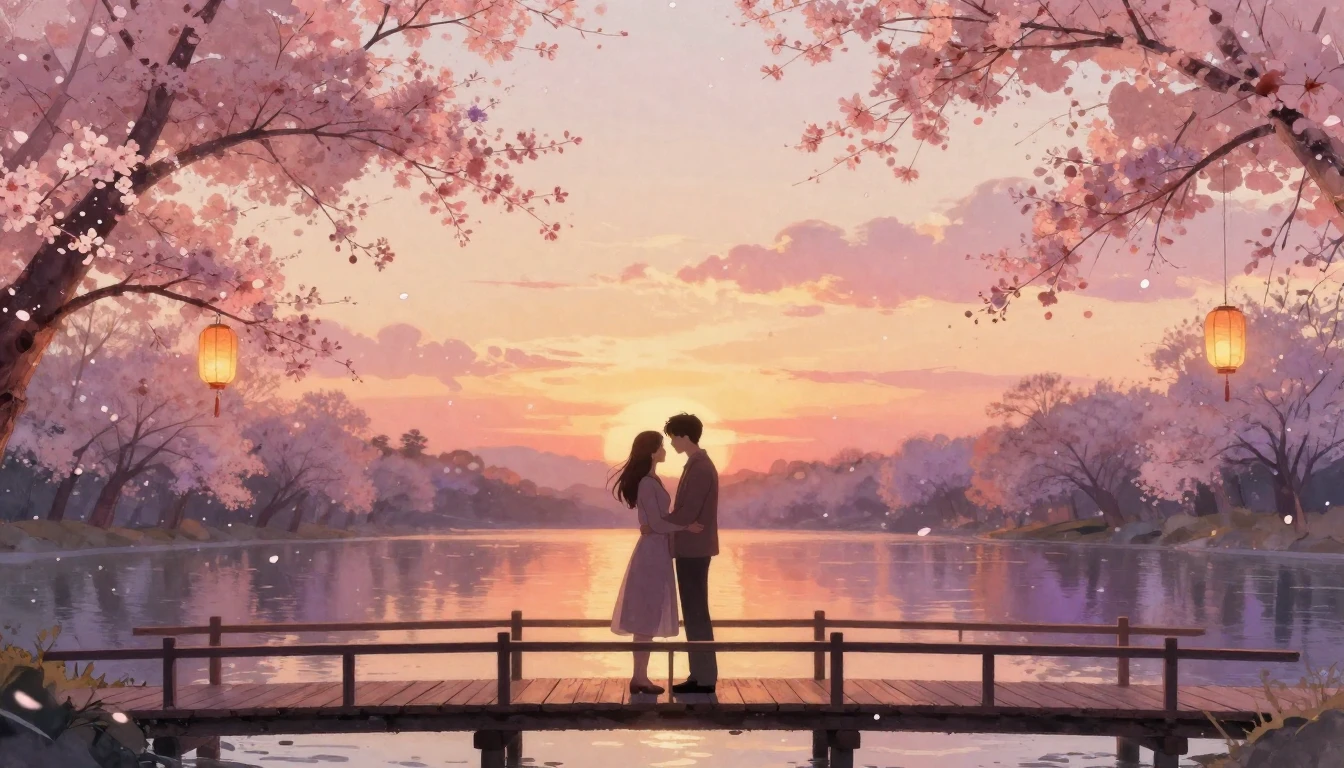 A romantic and ethereal scene featuring two silhouettes of a...