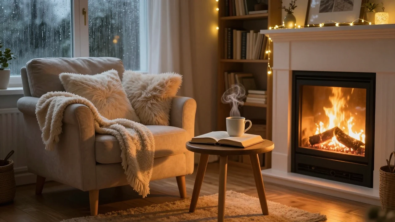 A warm and cozy room interior in the evening. A plush armcha...