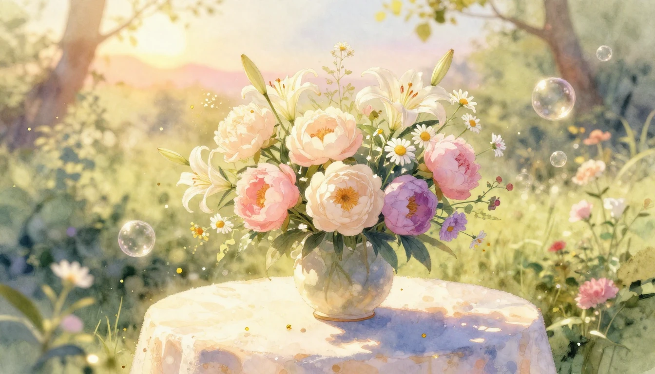 An ethereal and warm watercolor painting of a sun-drenched g...