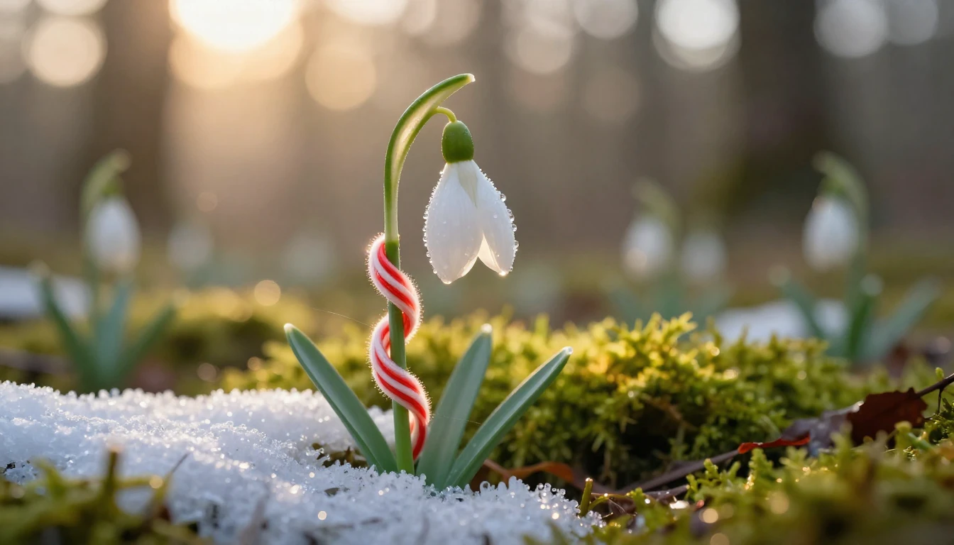 A delicate snowdrop flower blooming through the melting snow...