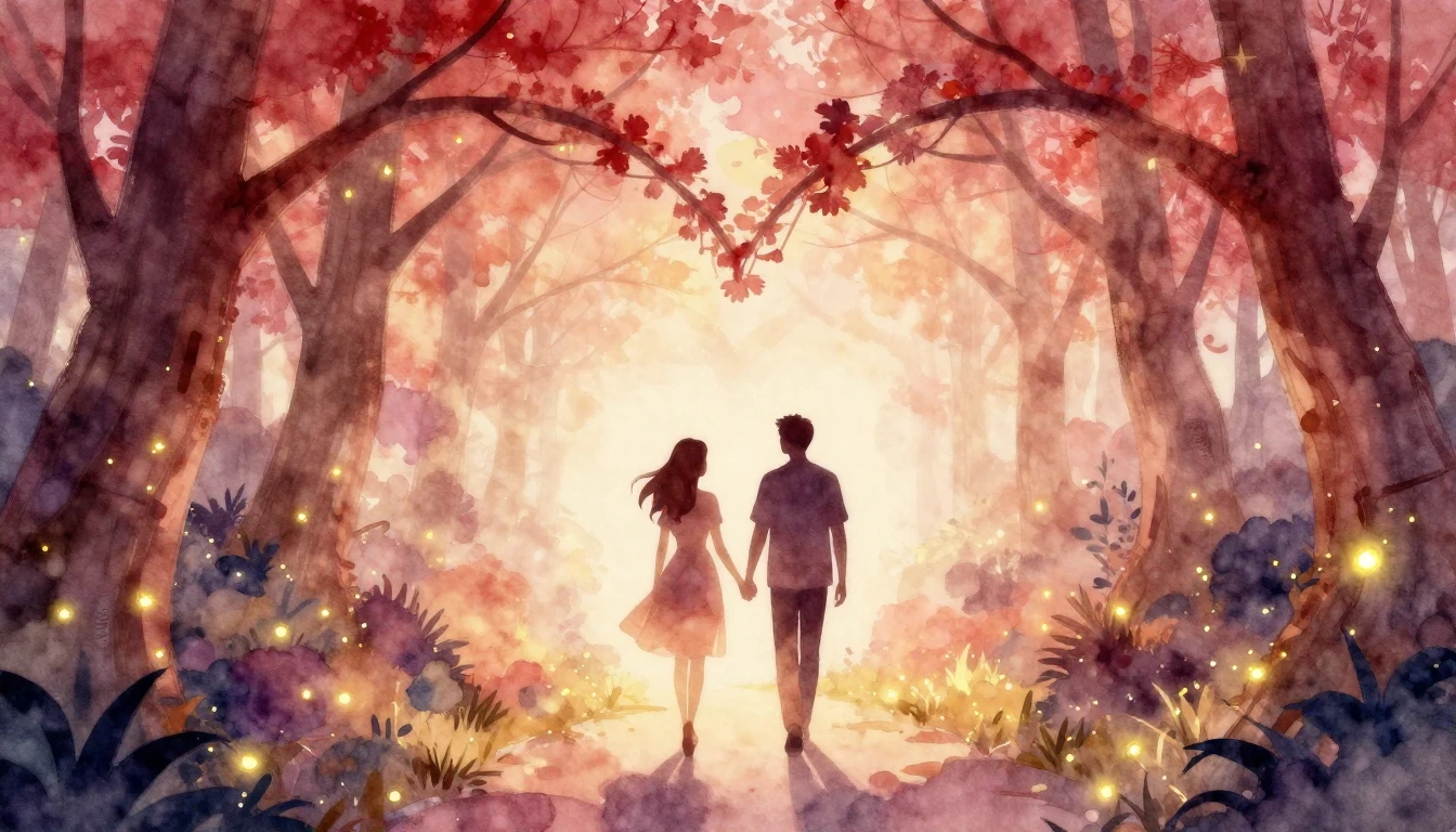 A soft and romantic watercolor painting depicting two silhou...