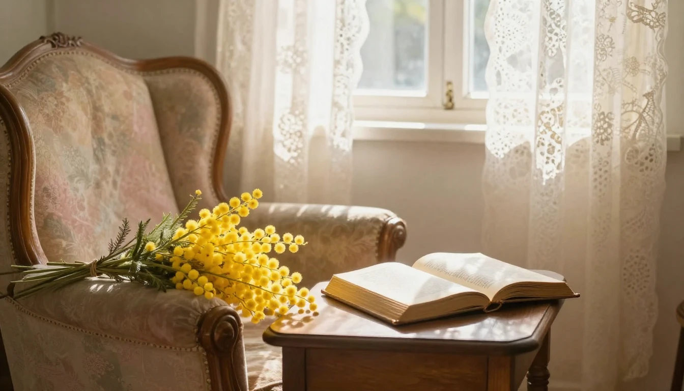 A soft and nostalgic composition featuring a cozy vintage ar...