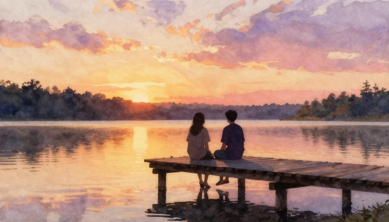A serene and heartwarming watercolor painting of two silhoue...