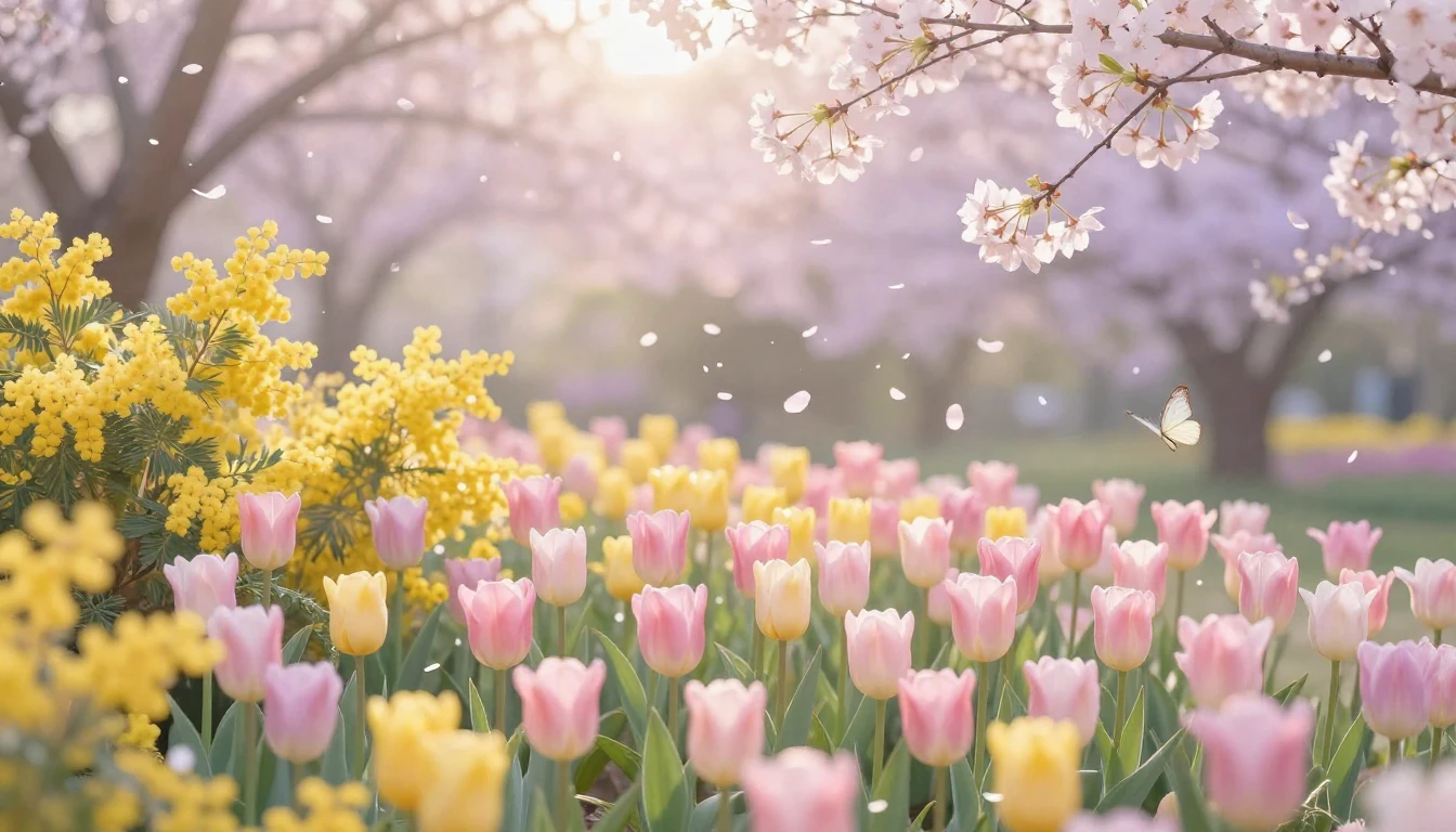 A lush, vibrant spring garden filled with blooming tulips, m...