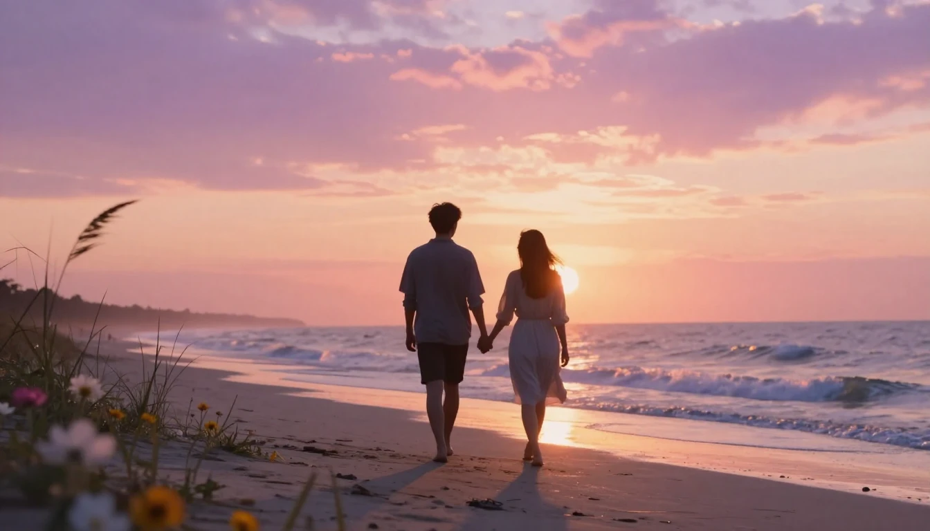 A romantic and cozy scene of two people silhouettes walking ...