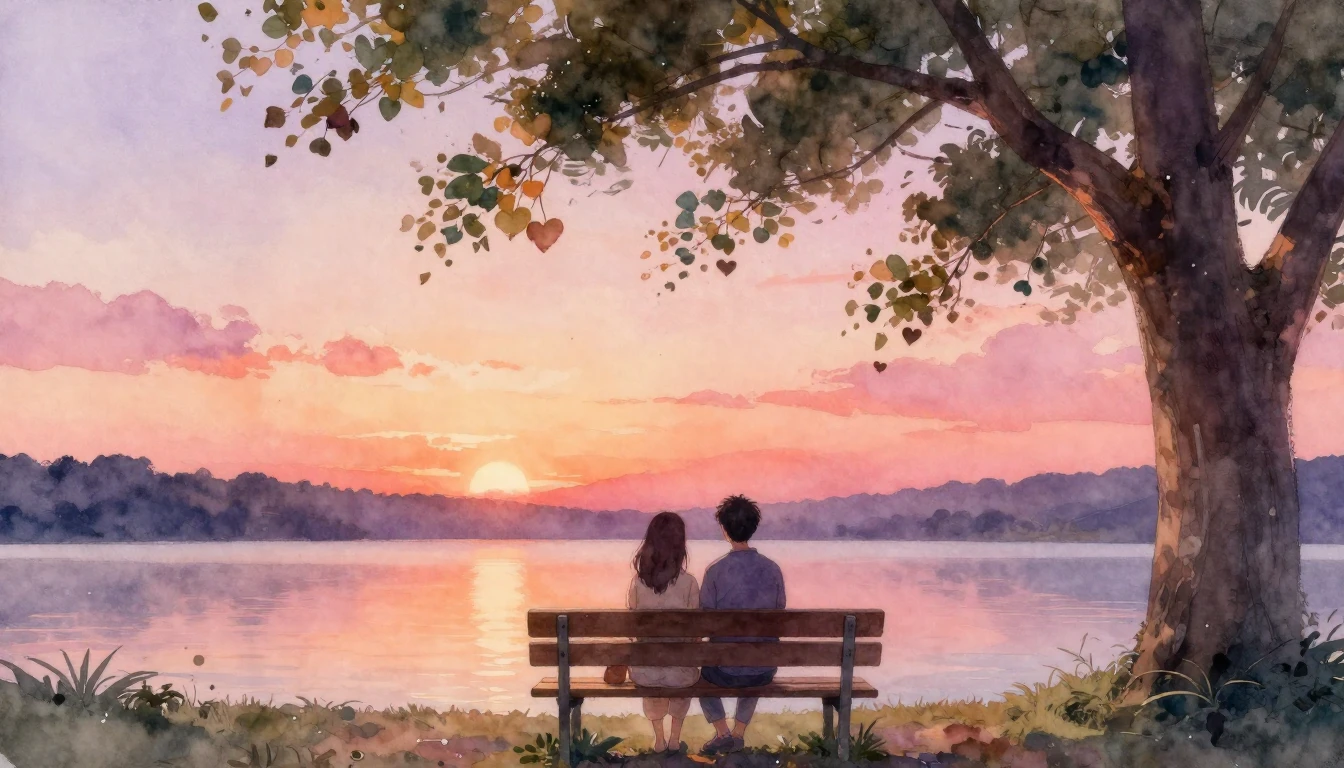 A romantic watercolor painting depicting a couple sitting cl...