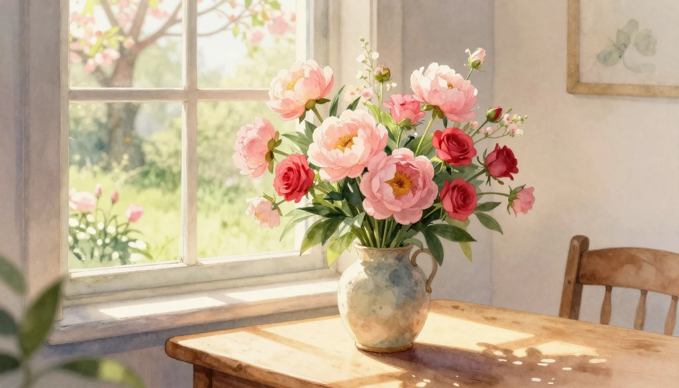 A gentle and romantic watercolor illustration depicting a co...