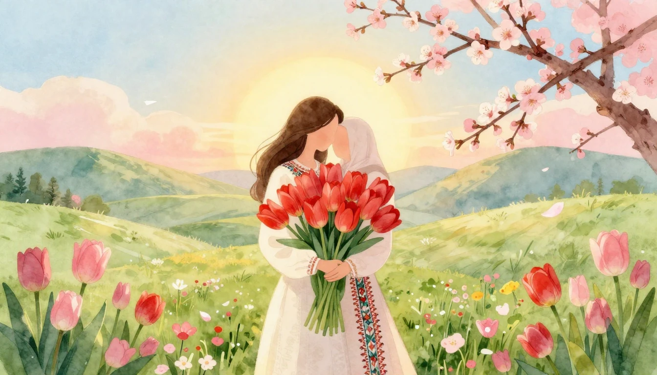 A warm and gentle watercolor illustration depicting a beauti...