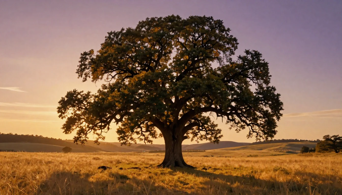 An oil painting depicting a majestic, solitary oak tree stan...