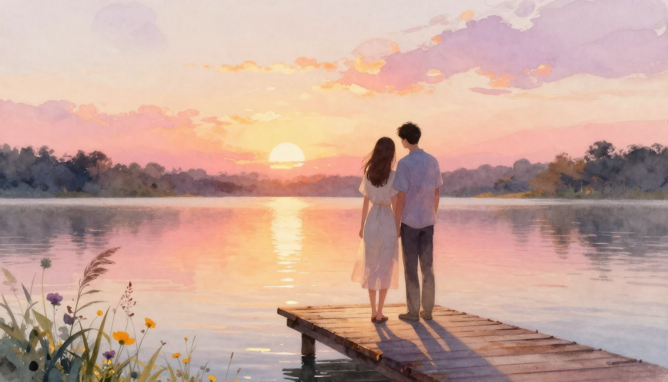 A romantic watercolor painting of a couple standing on a woo...