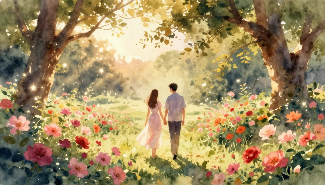 A romantic and ethereal watercolor painting depicting a coup...