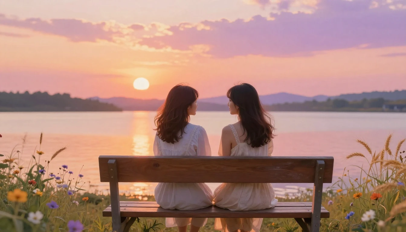 An artistic and heartwarming scene of two female friends sit...