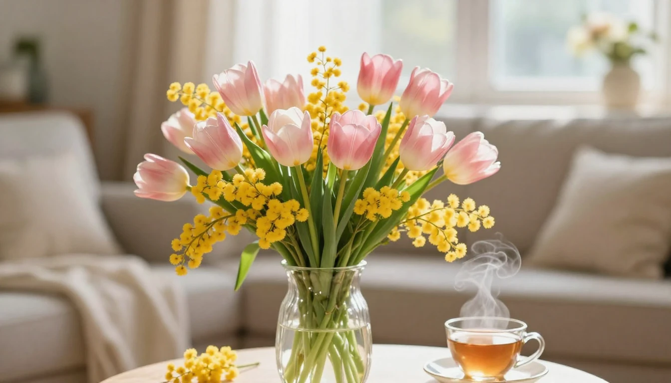 A delicate and heartwarming scene featuring a beautiful bouq...