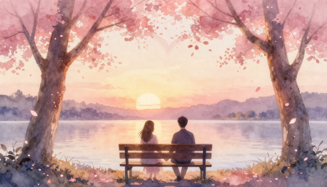 A soft and dreamy watercolor painting depicting two silhouet...