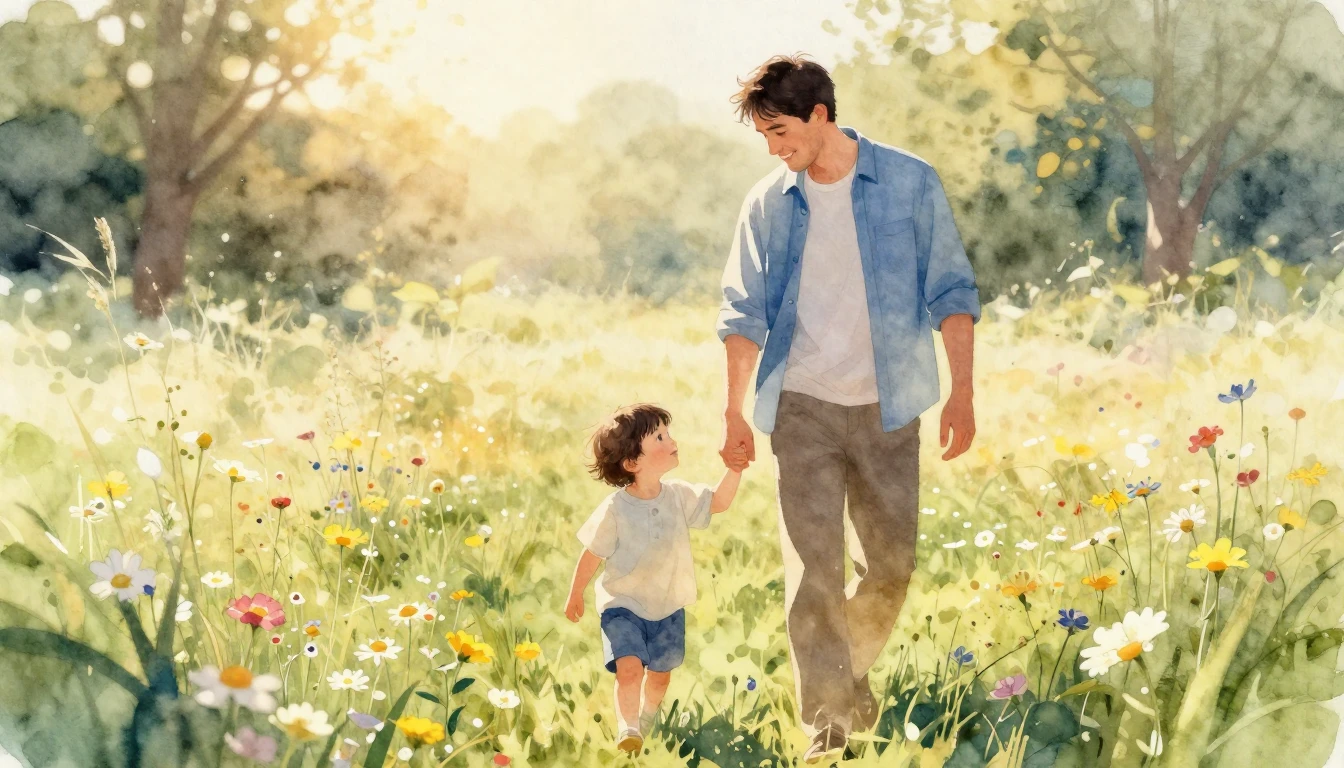 A heartwarming scene showing a father and a young child walk...